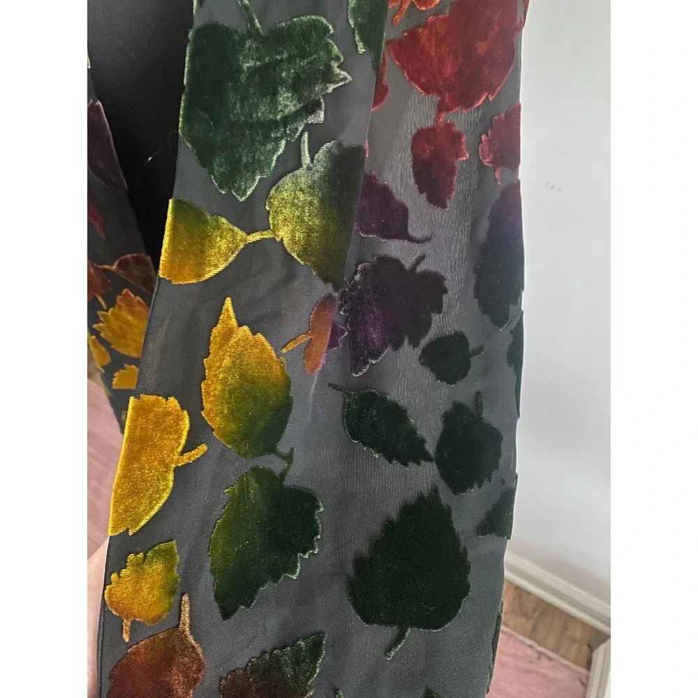Sheer Velvet Leaf Print Scarf Wrap‎ Women Black Multi Color